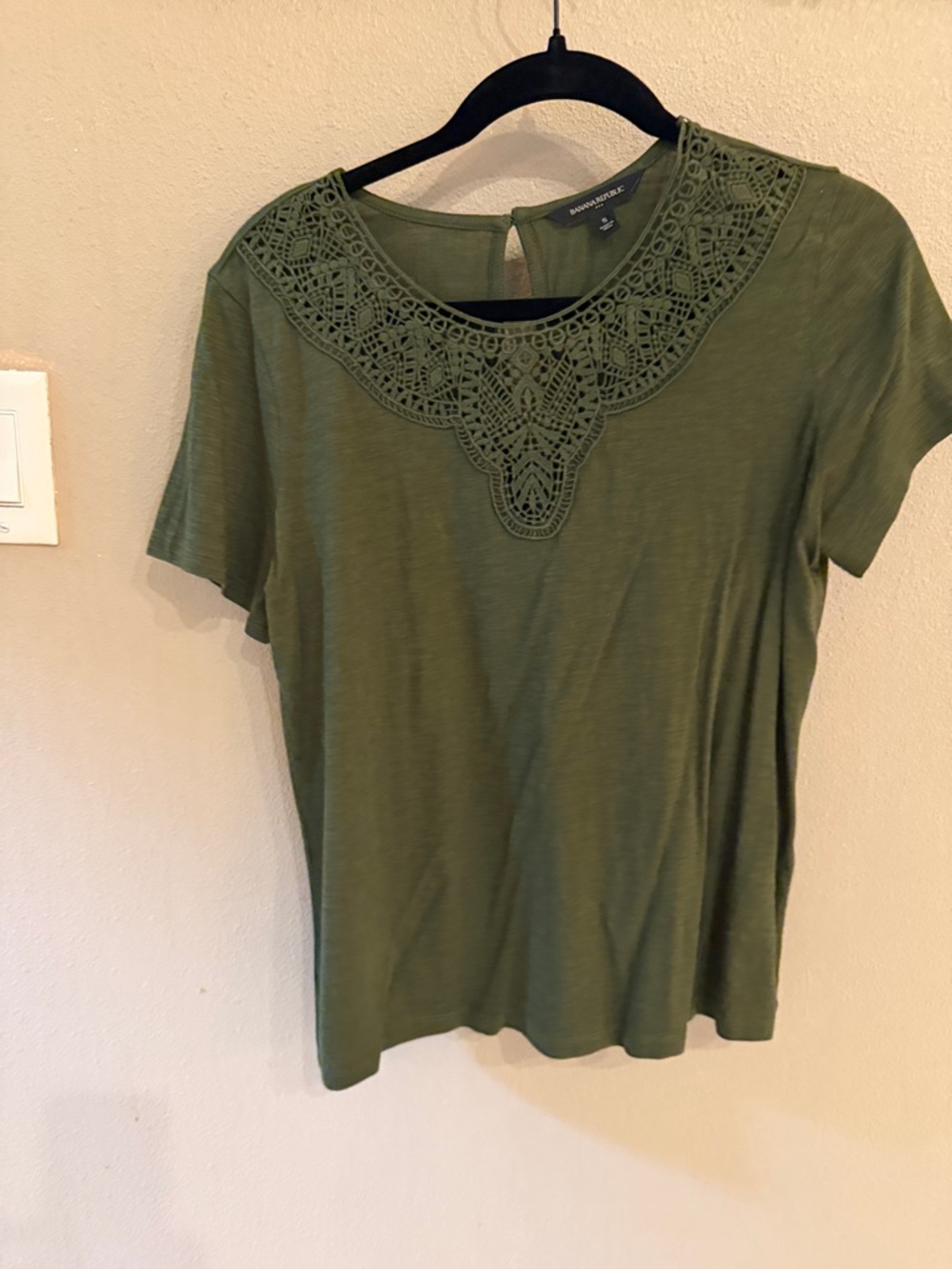 Banana Republic Olive Green Short Sleeve Top with Crochet Yoke